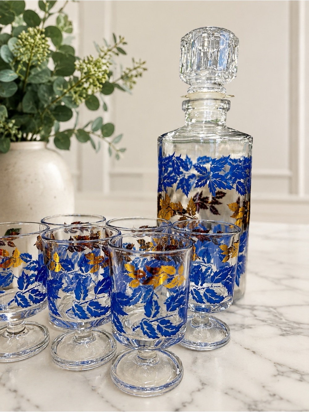 Vintage Blue & Gold Leaf Decanter Set